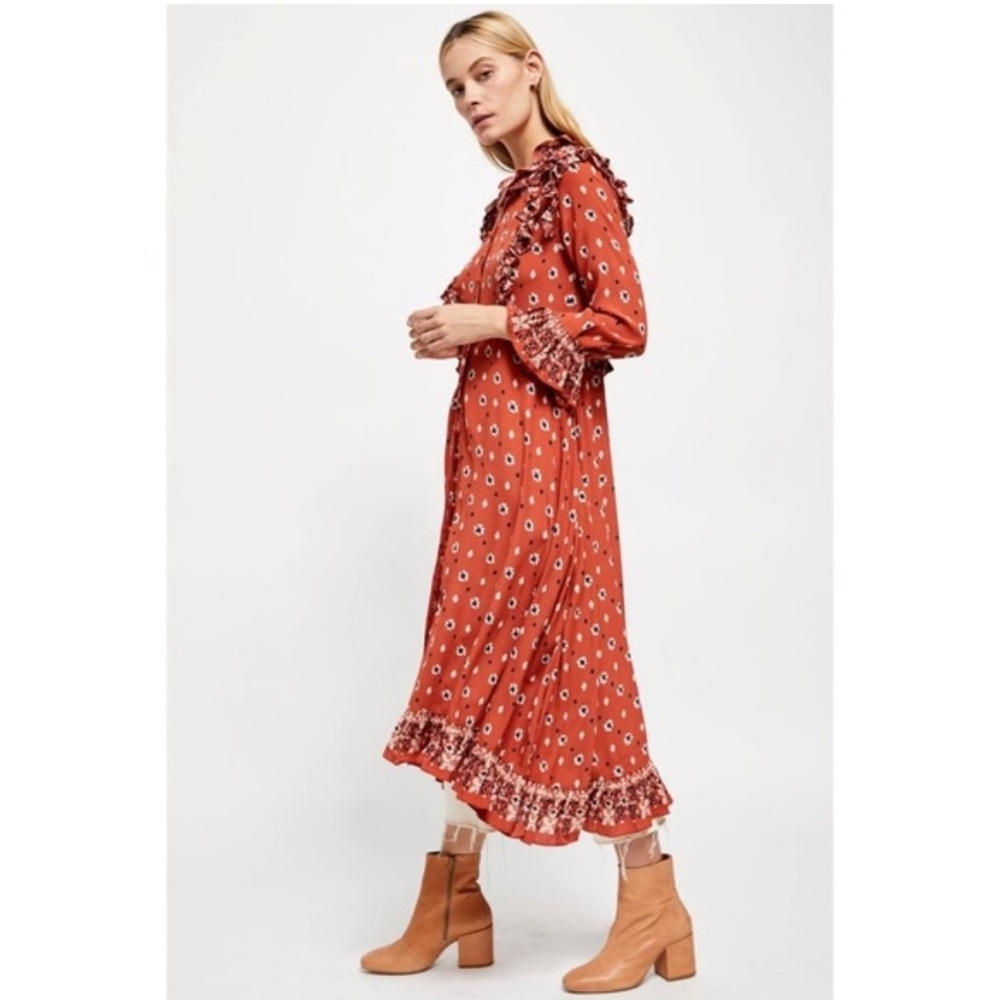 Free People Rust Boho Printed Ruffle Longline Duster - Picture 8 of 16